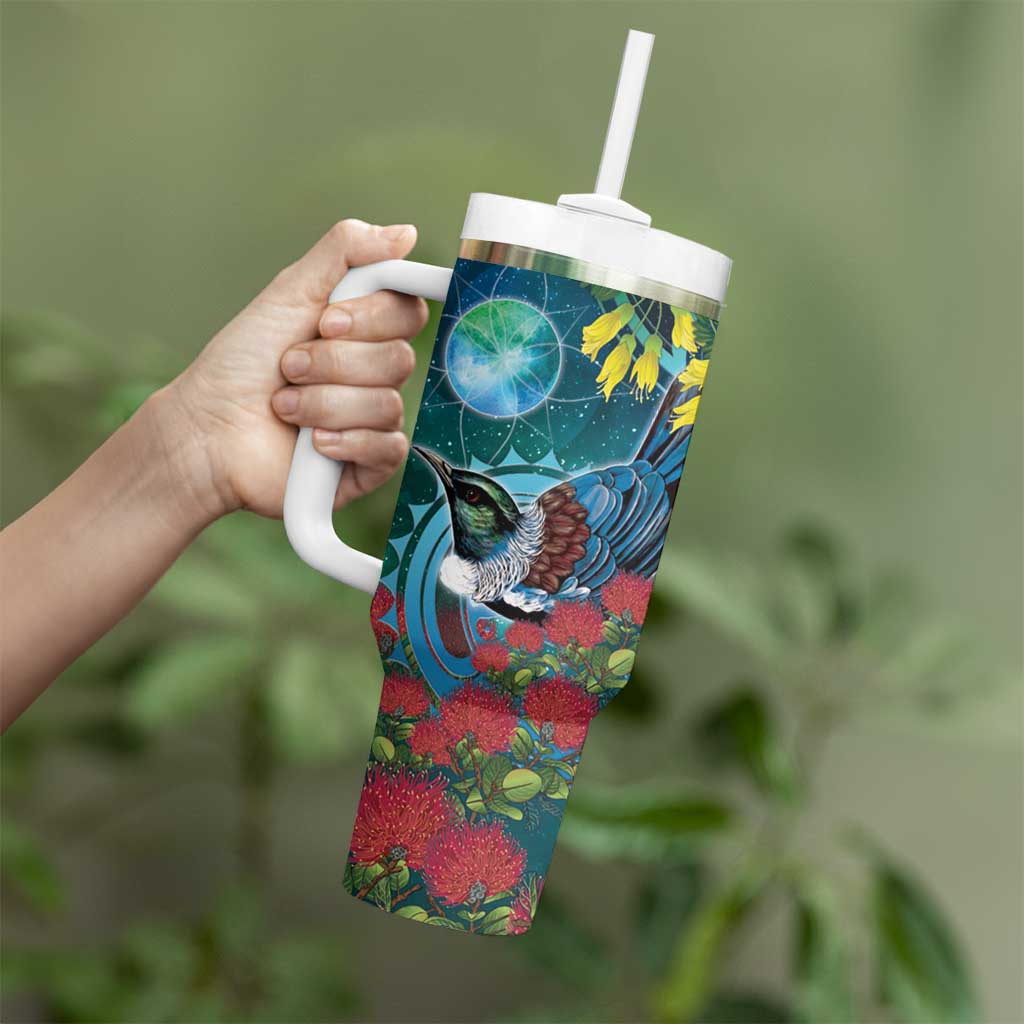 New Zealand Tui Bird Tumbler With Handle Maori Koru With Pohutukawa Galaxy Style LT05 - Polynesian Pride