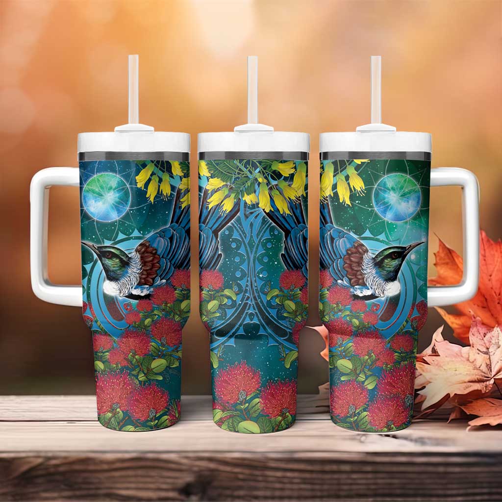 New Zealand Tui Bird Tumbler With Handle Maori Koru With Pohutukawa Galaxy Style LT05 - Polynesian Pride