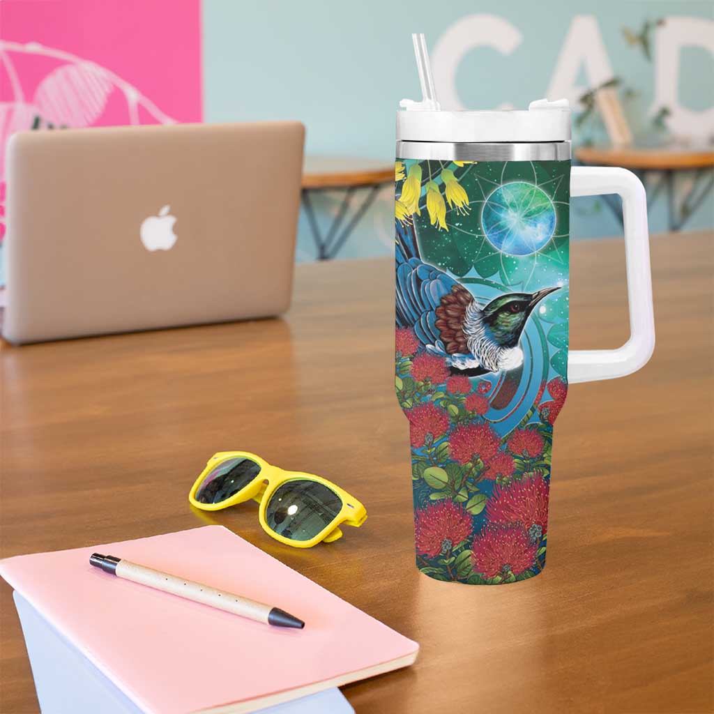 New Zealand Tui Bird Tumbler With Handle Maori Koru With Pohutukawa Galaxy Style LT05 - Polynesian Pride