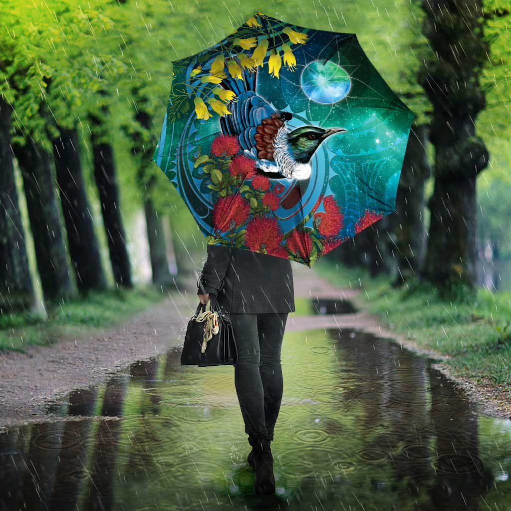 New Zealand Tui Bird Umbrella Maori Koru With Pohutukawa Galaxy Style - Polynesian Pride