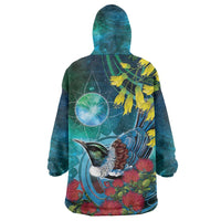 New Zealand Tui Bird Wearable Blanket Hoodie Maori Koru With Pohutukawa Galaxy Style LT05 - Polynesian Pride
