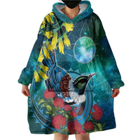 New Zealand Tui Bird Wearable Blanket Hoodie Maori Koru With Pohutukawa Galaxy Style LT05 - Polynesian Pride