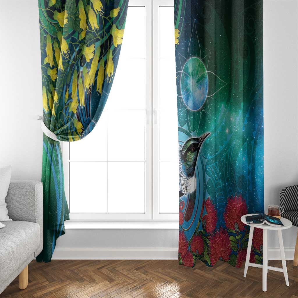 New Zealand Tui Bird Window Curtain Maori Koru With Pohutukawa Galaxy Style - Polynesian Pride