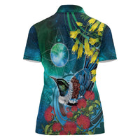 New Zealand Tui Bird Women Polo Shirt Maori Koru With Pohutukawa Galaxy Style - Polynesian Pride