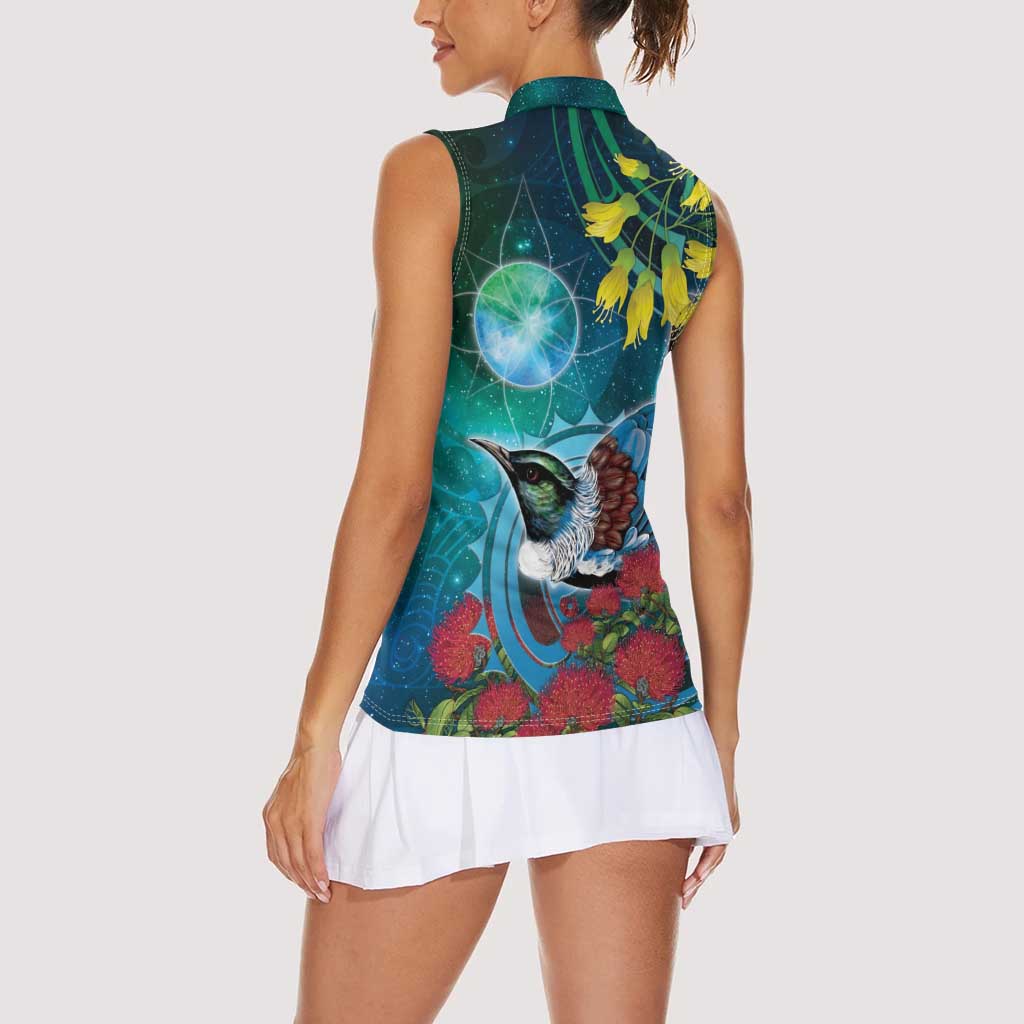 New Zealand Tui Bird Women Sleeveless Polo Shirt Maori Koru With Pohutukawa Galaxy Style - Polynesian Pride