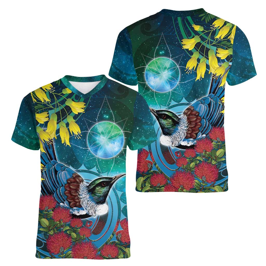 New Zealand Tui Bird Women V-Neck T-Shirt Maori Koru With Pohutukawa Galaxy Style LT05 - Polynesian Pride