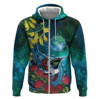 New Zealand Tui Bird Zip Hoodie Maori Koru With Pohutukawa Galaxy Style LT05 Zip Hoodie Blue - Polynesian Pride