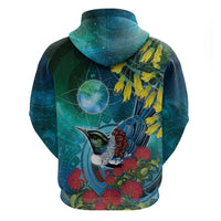 New Zealand Tui Bird Zip Hoodie Maori Koru With Pohutukawa Galaxy Style LT05 - Polynesian Pride