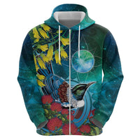 New Zealand Tui Bird Zip Hoodie Maori Koru With Pohutukawa Galaxy Style LT05 - Polynesian Pride