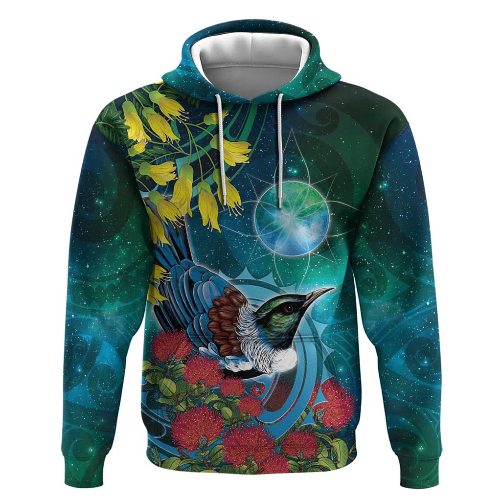 New Zealand Tui Bird Zip Hoodie Maori Koru With Pohutukawa Galaxy Style LT05 Pullover Hoodie Blue - Polynesian Pride