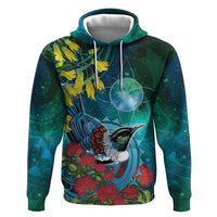 New Zealand Tui Bird Zip Hoodie Maori Koru With Pohutukawa Galaxy Style LT05 Pullover Hoodie Blue - Polynesian Pride