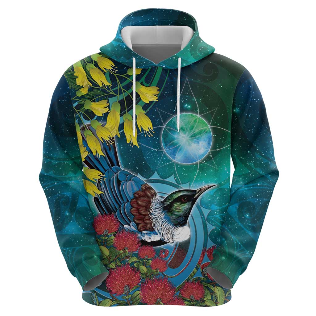 New Zealand Tui Bird Zip Hoodie Maori Koru With Pohutukawa Galaxy Style LT05 - Polynesian Pride