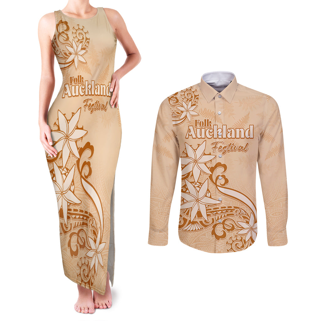 Personalised New Zealand Auckland Folk Festival Couples Matching Tank Maxi Dress and Long Sleeve Button Shirt Vintage Style LT05 Brown - Polynesian Pride