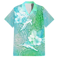 Couple Sea Turtle One Love One Heart Family Matching Tank Maxi Dress and Hawaiian Shirt LT05 Dad's Shirt - Short Sleeve Aqua - Polynesian Pride