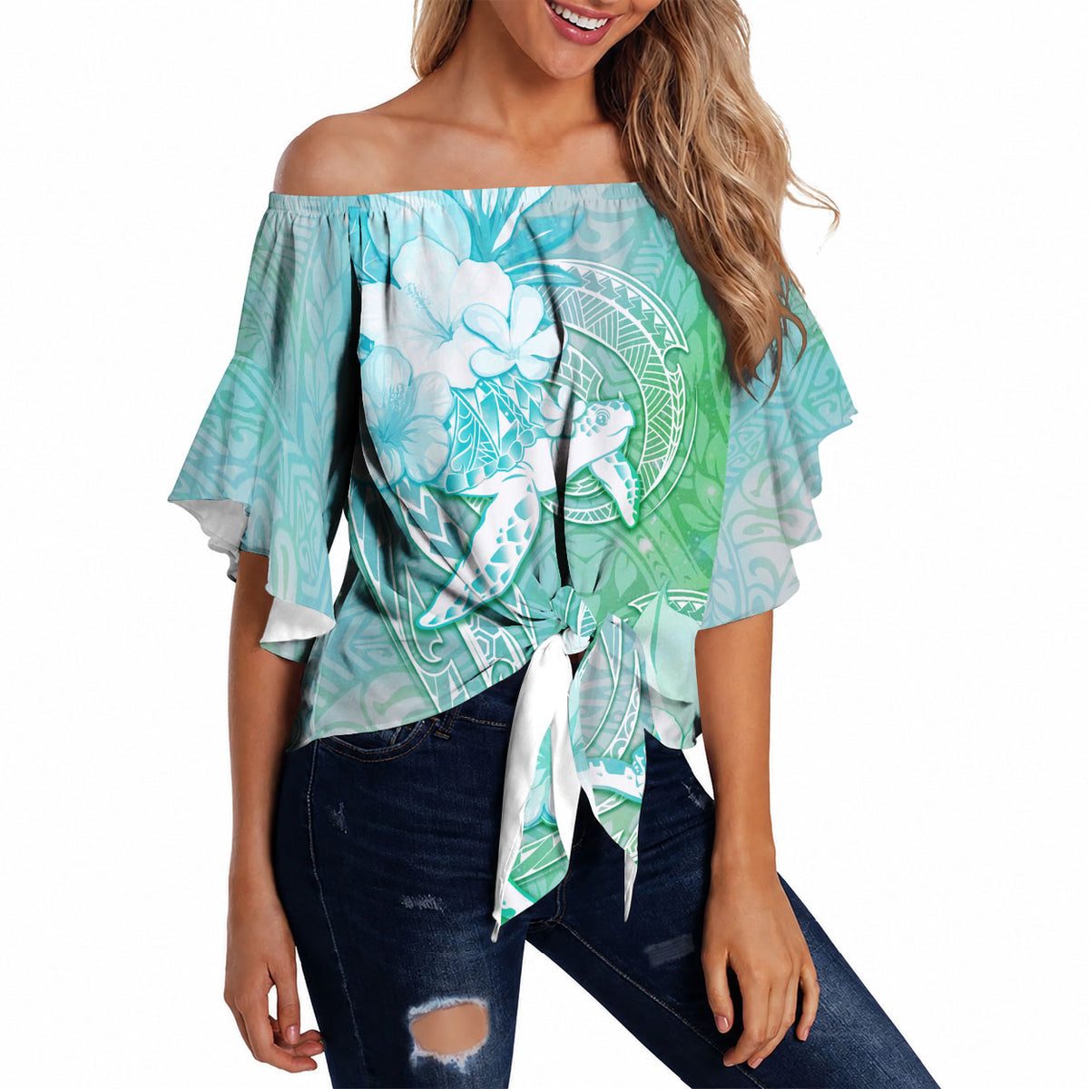 Couple Sea Turtle One Love One Heart Off Shoulder Wrap Waist Top LT05 - Polynesian Pride