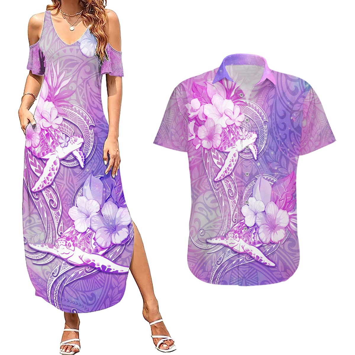 Couple Sea Turtle Love Give Us A Fairytale Couples Matching Summer Maxi Dress and Hawaiian Shirt LT05 Pink - Polynesian Pride
