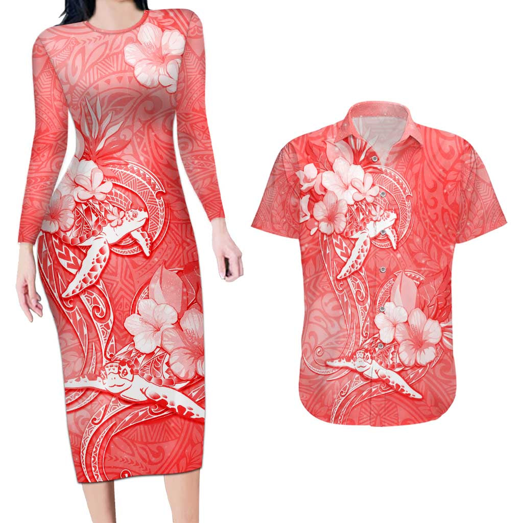 Polynesia Sea Turtle Couple Couples Matching Long Sleeve Bodycon Dress and Hawaiian Shirt Happy Valentine Day Red LT05 Red - Polynesian Pride