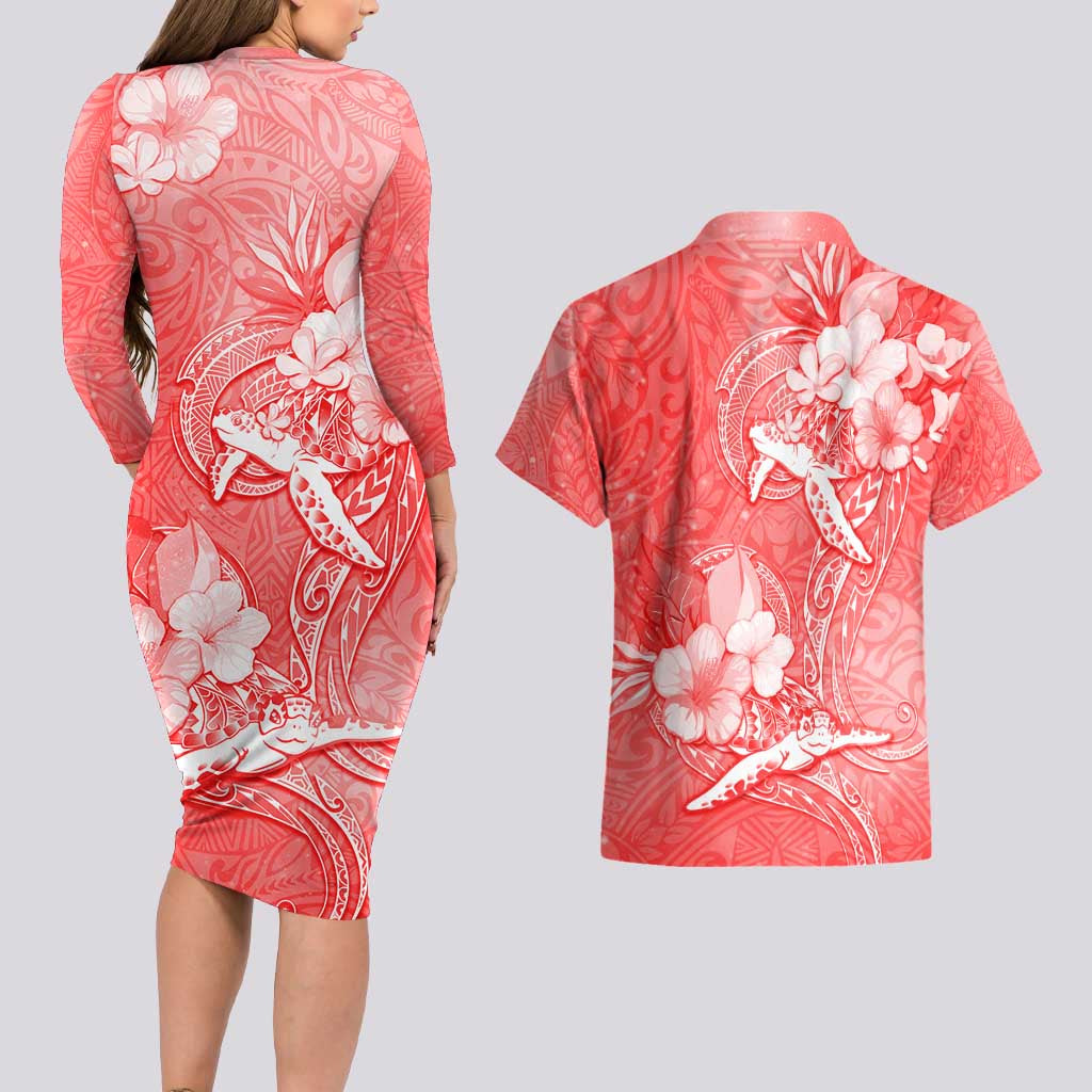 Polynesia Sea Turtle Couple Couples Matching Long Sleeve Bodycon Dress and Hawaiian Shirt Happy Valentine Day Red LT05 - Polynesian Pride
