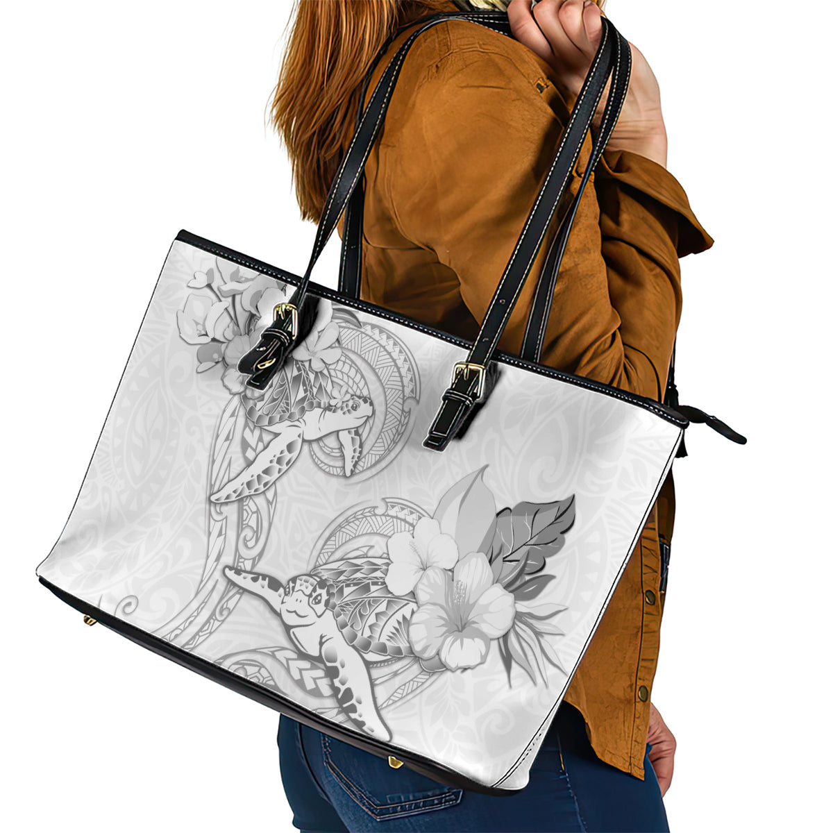 Polynesia Sea Turtle Couple Leather Tote Bag Happy Valentine Day White LT05 - Polynesian Pride