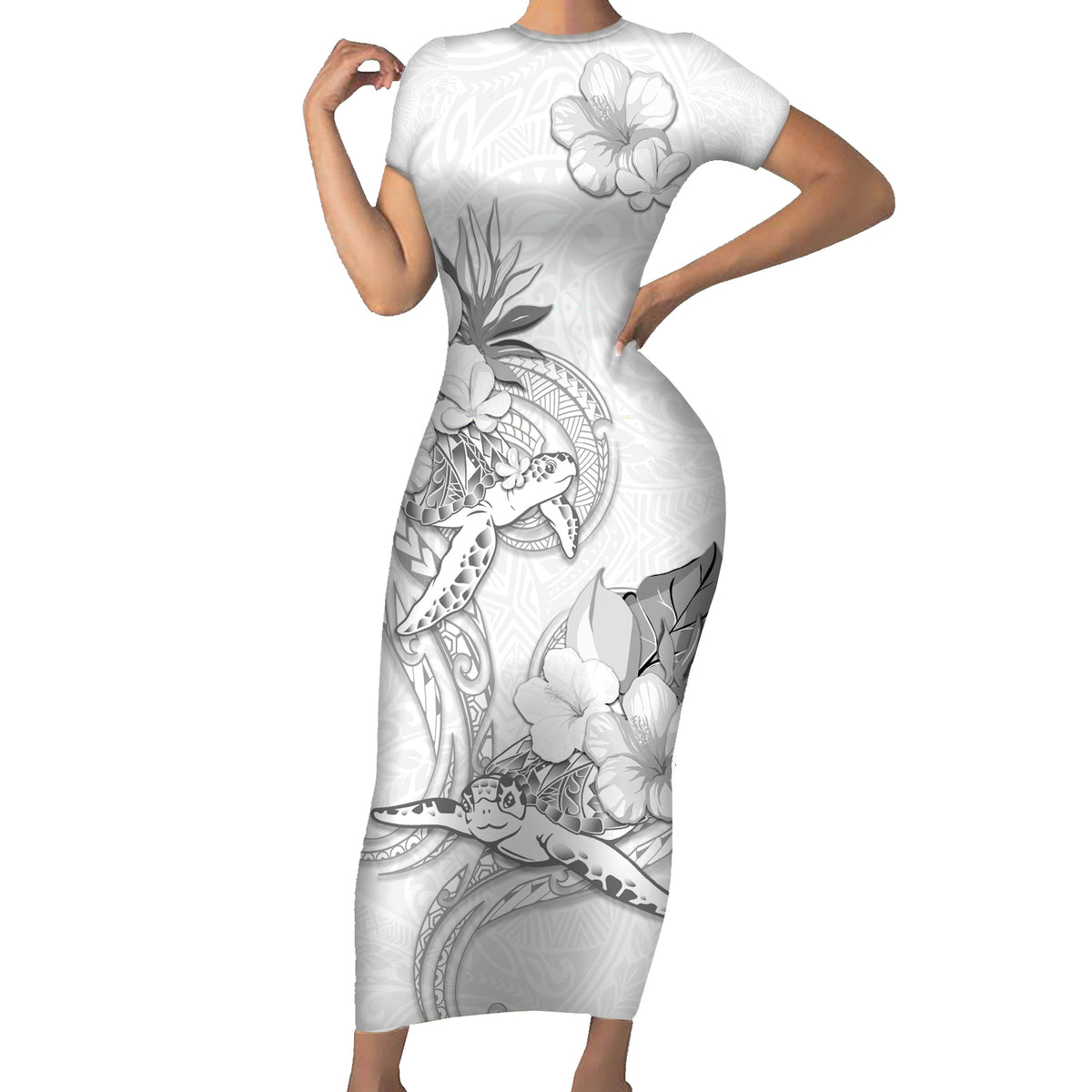 Polynesia Sea Turtle Couple Short Sleeve Bodycon Dress Happy Valentine Day White LT05 Long Dress White - Polynesian Pride