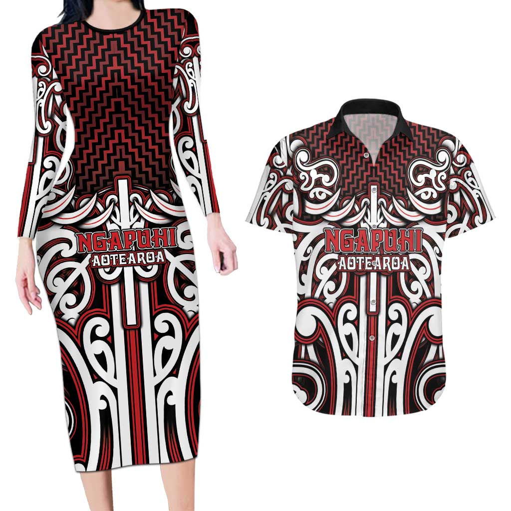 Custom Aotearoa Ngapuhi Couples Matching Long Sleeve Bodycon Dress and Hawaiian Shirt Maori Tribal Pattern Mix Poutama LT05 Red - Polynesian Pride