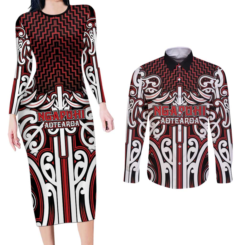Custom Aotearoa Ngapuhi Couples Matching Long Sleeve Bodycon Dress and Long Sleeve Button Shirt Maori Tribal Pattern Mix Poutama LT05 Red - Polynesian Pride