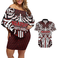 Custom Aotearoa Ngapuhi Couples Matching Off Shoulder Short Dress and Hawaiian Shirt Maori Tribal Pattern Mix Poutama LT05 Red - Polynesian Pride