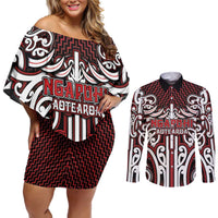 Custom Aotearoa Ngapuhi Couples Matching Off Shoulder Short Dress and Long Sleeve Button Shirt Maori Tribal Pattern Mix Poutama LT05 Red - Polynesian Pride