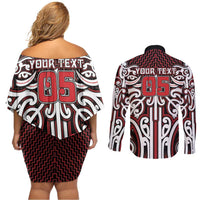 Custom Aotearoa Ngapuhi Couples Matching Off Shoulder Short Dress and Long Sleeve Button Shirt Maori Tribal Pattern Mix Poutama LT05 - Polynesian Pride