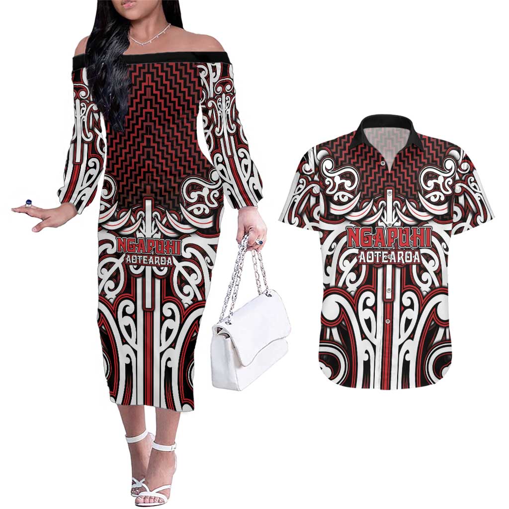 Custom Aotearoa Ngapuhi Couples Matching Off The Shoulder Long Sleeve Dress and Hawaiian Shirt Maori Tribal Pattern Mix Poutama LT05 Red - Polynesian Pride