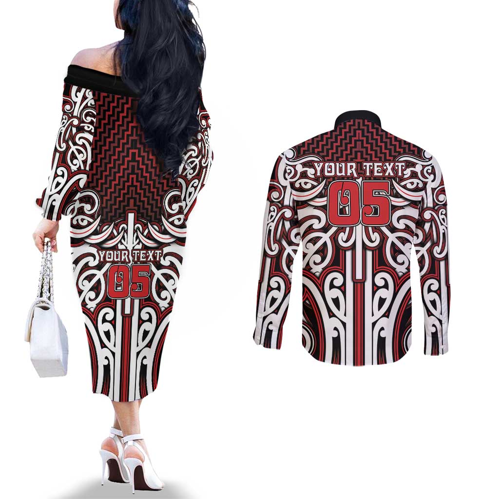 Custom Aotearoa Ngapuhi Couples Matching Off The Shoulder Long Sleeve Dress and Long Sleeve Button Shirt Maori Tribal Pattern Mix Poutama LT05 - Polynesian Pride