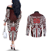 Custom Aotearoa Ngapuhi Couples Matching Off The Shoulder Long Sleeve Dress and Long Sleeve Button Shirt Maori Tribal Pattern Mix Poutama LT05 - Polynesian Pride