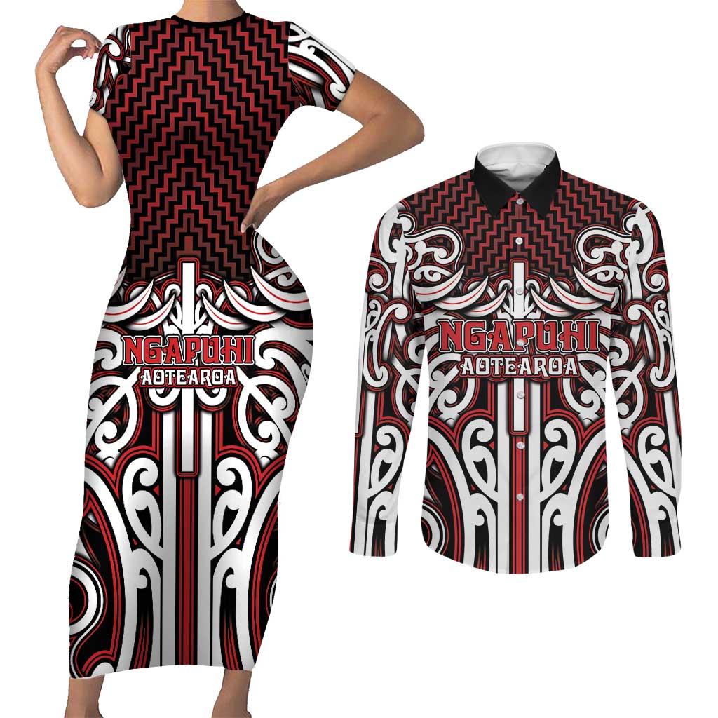 Custom Aotearoa Ngapuhi Couples Matching Short Sleeve Bodycon Dress and Long Sleeve Button Shirt Maori Tribal Pattern Mix Poutama LT05 Red - Polynesian Pride