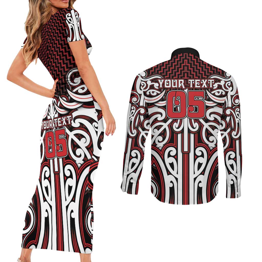 Custom Aotearoa Ngapuhi Couples Matching Short Sleeve Bodycon Dress and Long Sleeve Button Shirt Maori Tribal Pattern Mix Poutama LT05 - Polynesian Pride