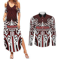Custom Aotearoa Ngapuhi Couples Matching Summer Maxi Dress and Long Sleeve Button Shirt Maori Tribal Pattern Mix Poutama LT05 Red - Polynesian Pride