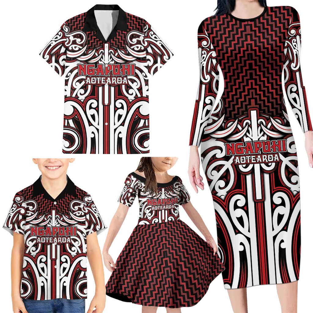 Custom Aotearoa Ngapuhi Family Matching Long Sleeve Bodycon Dress and Hawaiian Shirt Maori Tribal Pattern Mix Poutama LT05 - Polynesian Pride