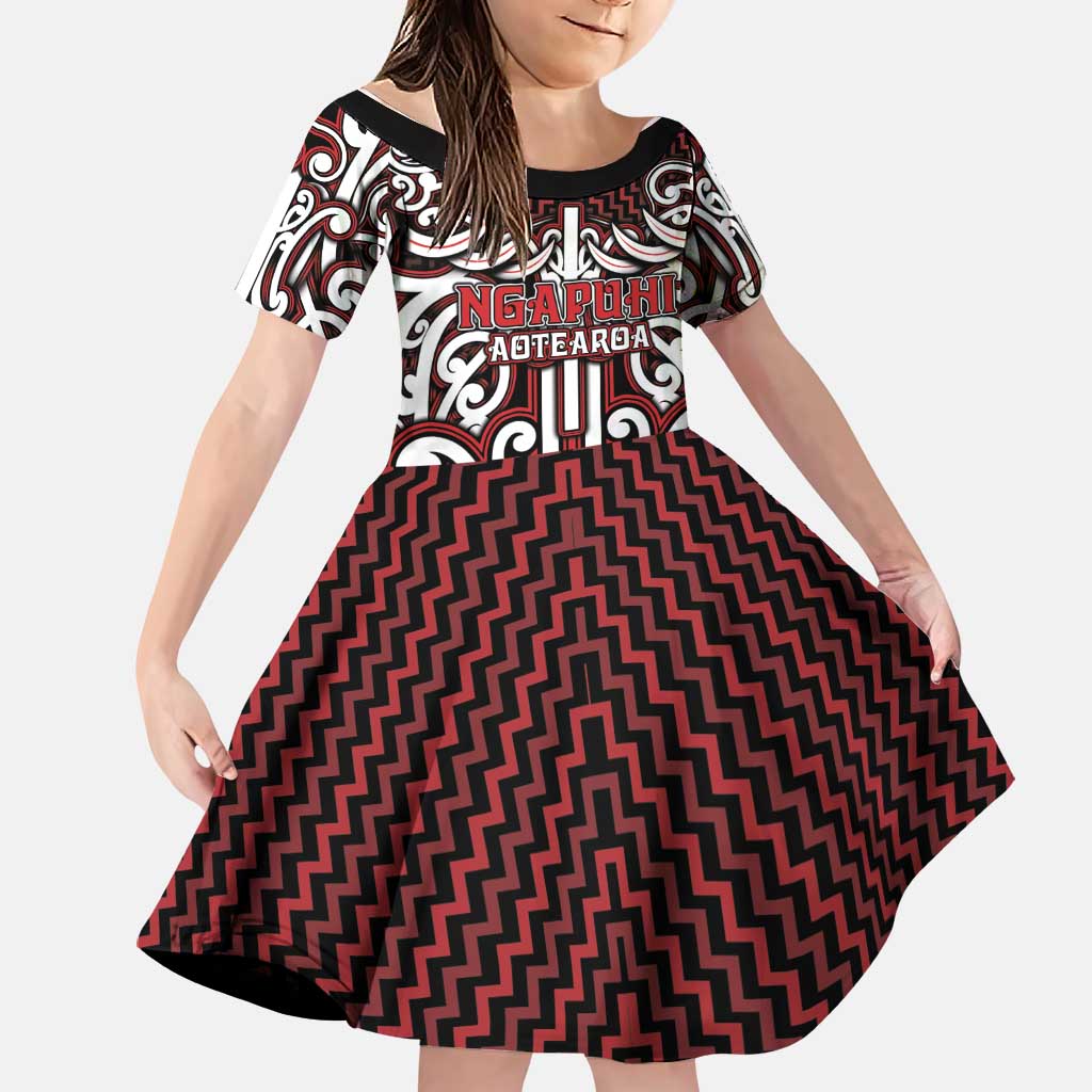 Custom Aotearoa Ngapuhi Family Matching Off The Shoulder Long Sleeve Dress and Hawaiian Shirt Maori Tribal Pattern Mix Poutama LT05 Daughter's Dress Red - Polynesian Pride