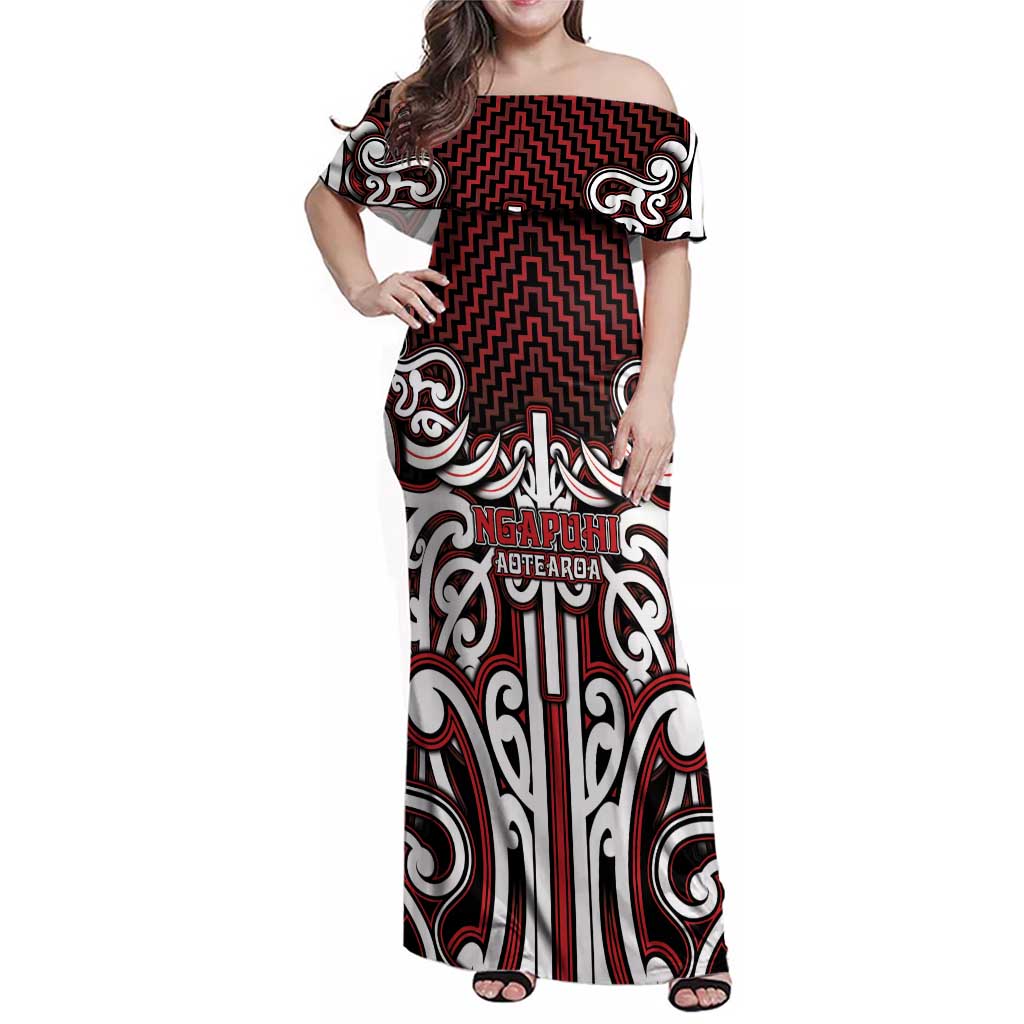 Custom Aotearoa Ngapuhi Family Matching Off Shoulder Maxi Dress and Hawaiian Shirt Maori Tribal Pattern Mix Poutama LT05 Mom's Dress Red - Polynesian Pride