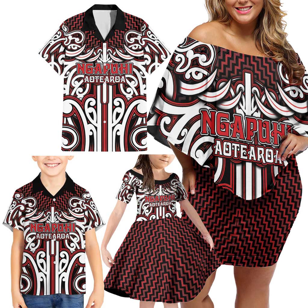Custom Aotearoa Ngapuhi Family Matching Off Shoulder Short Dress and Hawaiian Shirt Maori Tribal Pattern Mix Poutama LT05 - Polynesian Pride