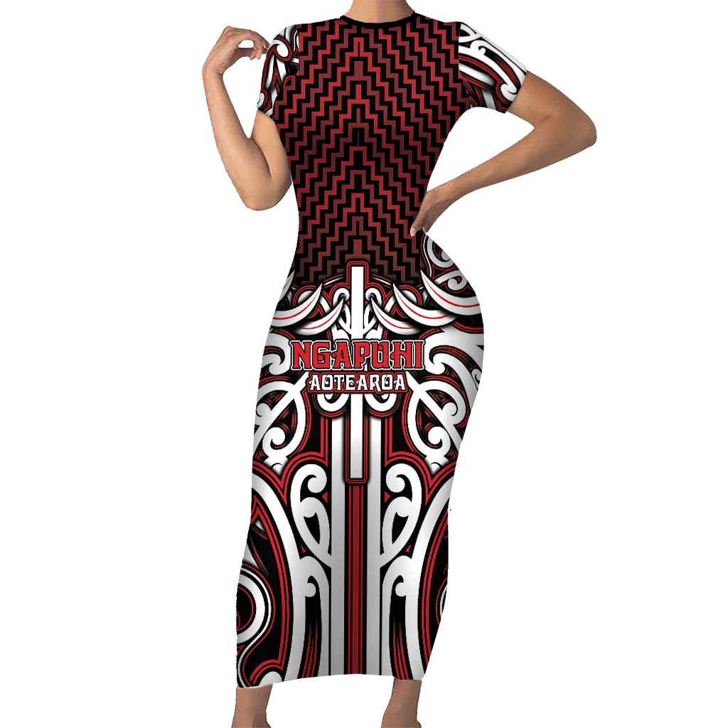 Custom Aotearoa Ngapuhi Short Sleeve Bodycon Dress Maori Tribal Pattern Mix Poutama