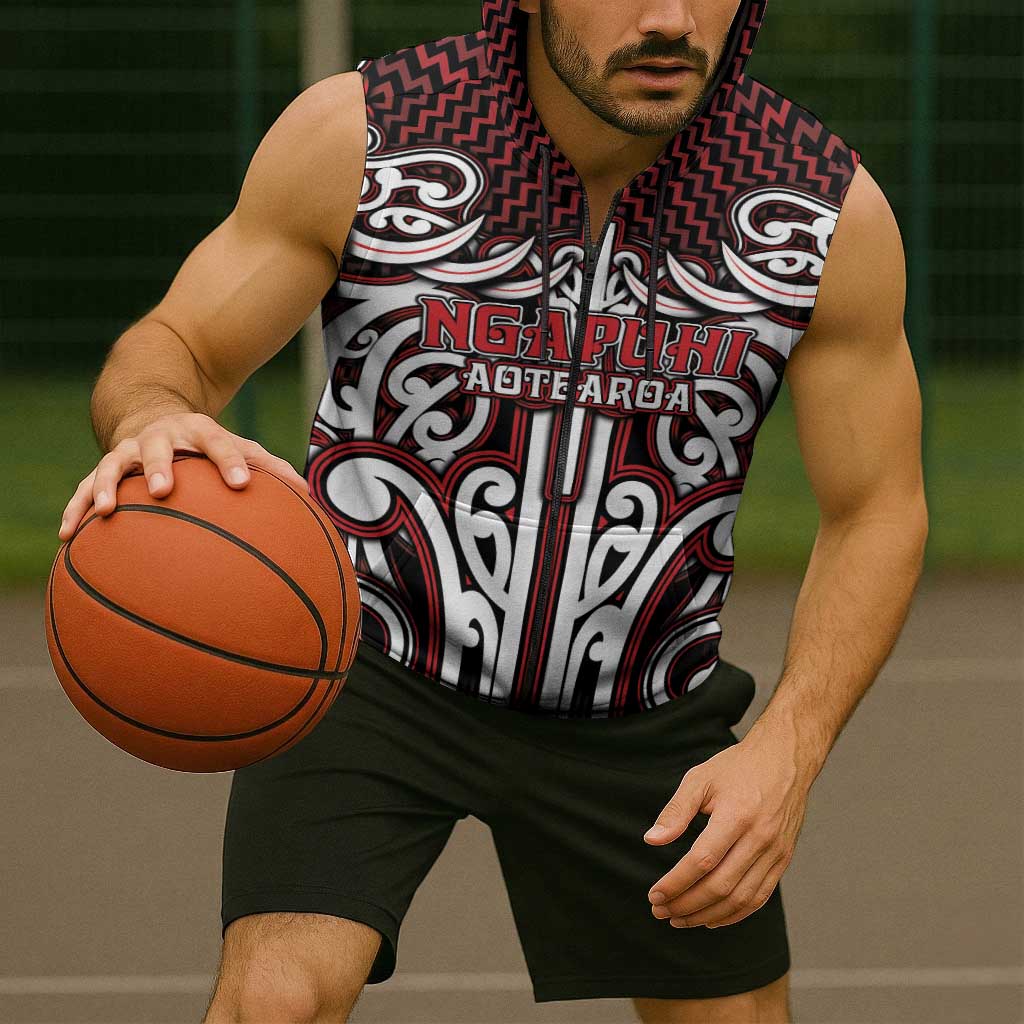Custom Aotearoa Ngapuhi Sleeveless Zip Hoodie Maori Tribal Pattern Mix Poutama