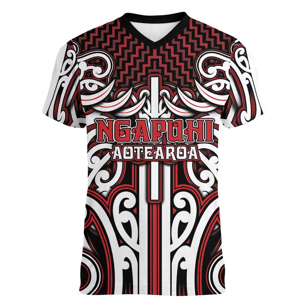 Custom Aotearoa Ngapuhi Women V-Neck T-Shirt Maori Tribal Pattern Mix Poutama LT05 Female Red - Polynesian Pride