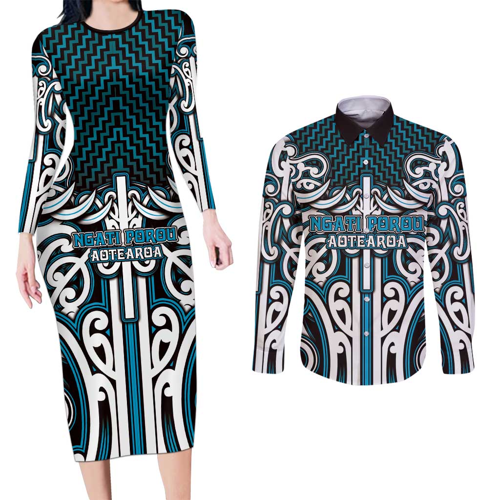 Custom Aotearoa Ngati Porou Couples Matching Long Sleeve Bodycon Dress and Long Sleeve Button Shirt Maori Tribal Pattern Mix Poutama LT05 Blue - Polynesian Pride