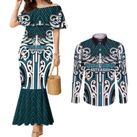 Custom Aotearoa Ngati Porou Couples Matching Mermaid Dress and Long Sleeve Button Shirt Maori Tribal Pattern Mix Poutama LT05 Blue - Polynesian Pride