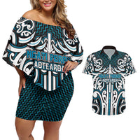 Custom Aotearoa Ngati Porou Couples Matching Off Shoulder Short Dress and Hawaiian Shirt Maori Tribal Pattern Mix Poutama LT05 Blue - Polynesian Pride