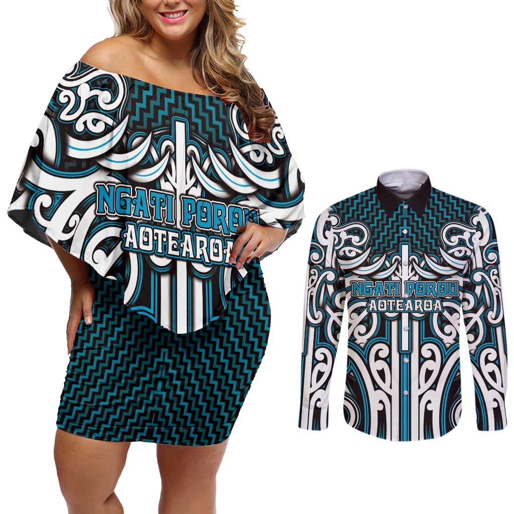Custom Aotearoa Ngati Porou Couples Matching Off Shoulder Short Dress and Long Sleeve Button Shirt Maori Tribal Pattern Mix Poutama LT05 Blue - Polynesian Pride