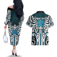 Custom Aotearoa Ngati Porou Couples Matching Off The Shoulder Long Sleeve Dress and Hawaiian Shirt Maori Tribal Pattern Mix Poutama LT05 - Polynesian Pride
