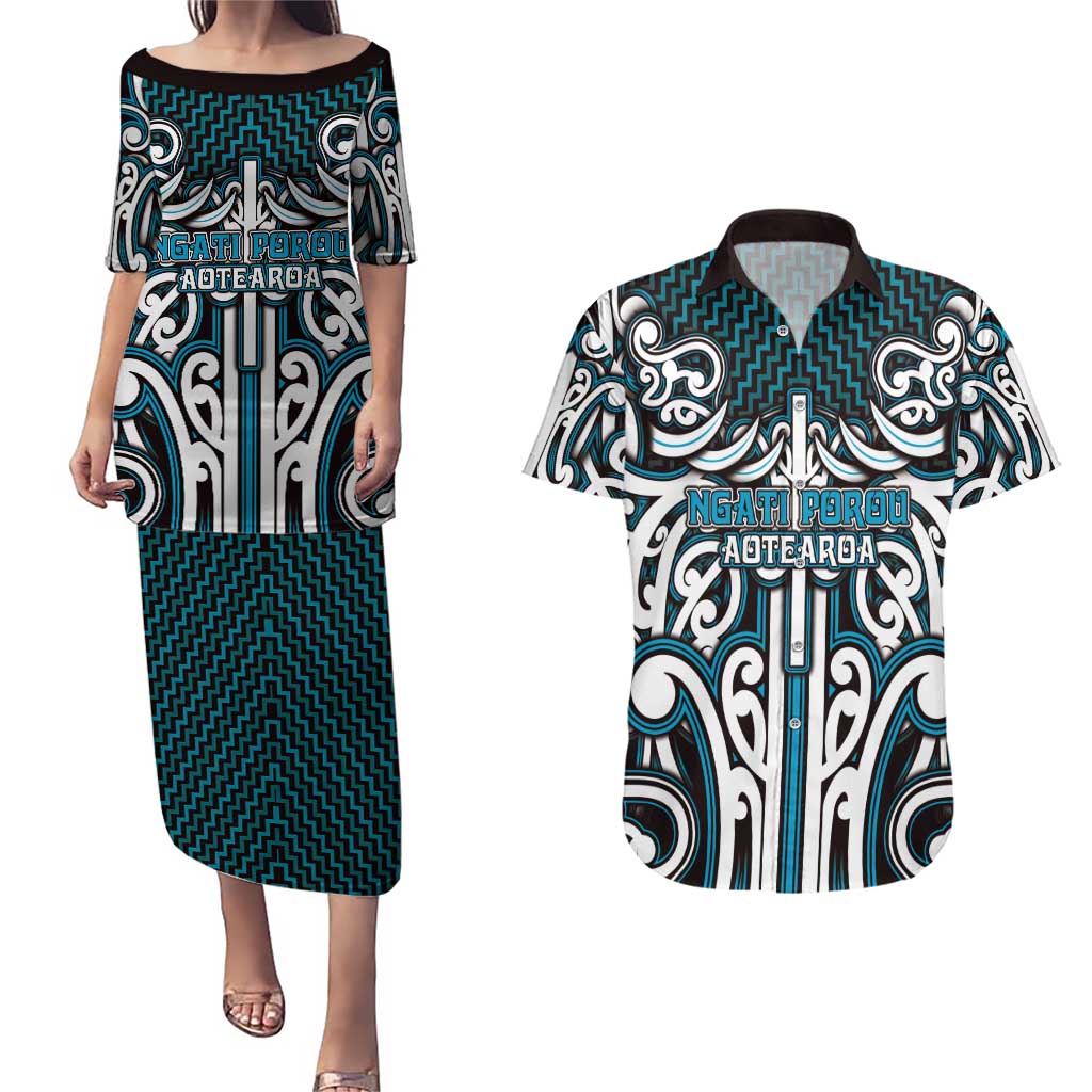 Custom Aotearoa Ngati Porou Couples Matching Puletasi and Hawaiian Shirt Maori Tribal Pattern Mix Poutama LT05 Blue - Polynesian Pride