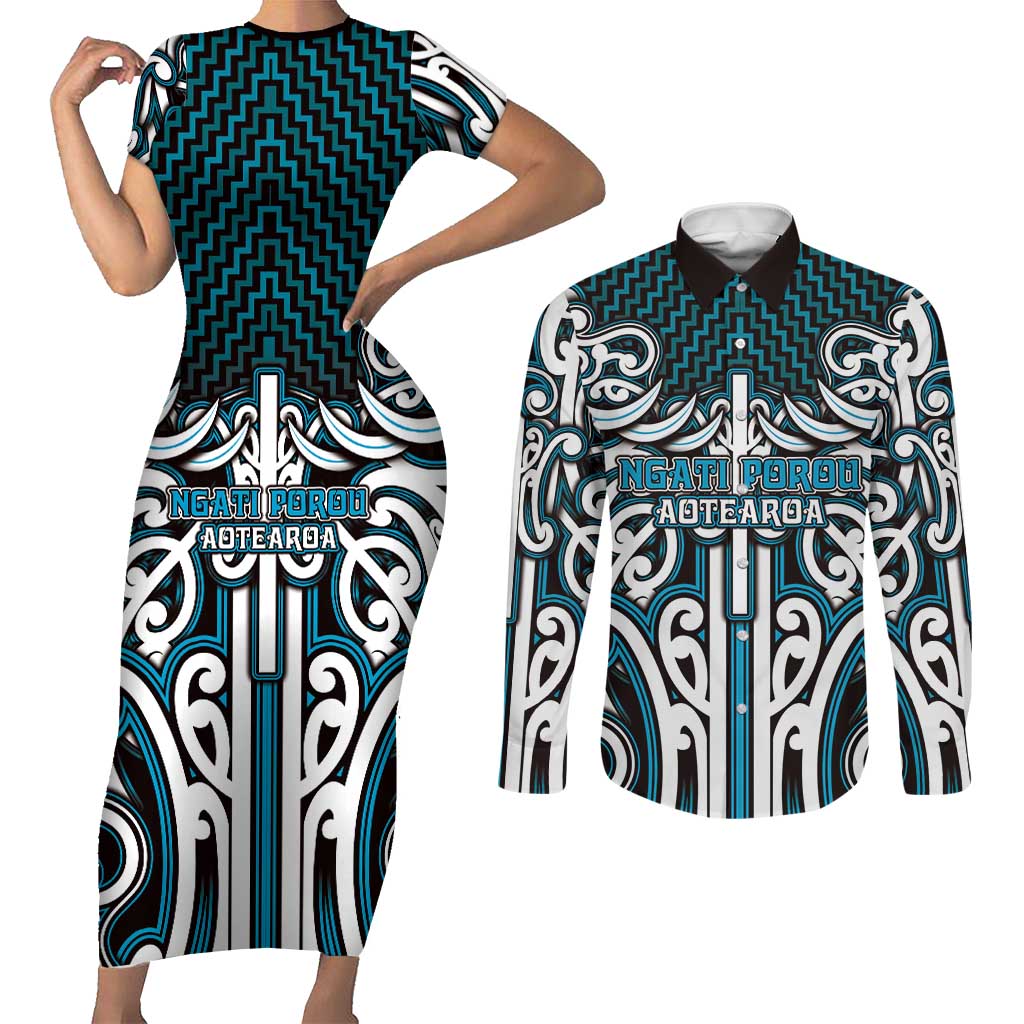 Custom Aotearoa Ngati Porou Couples Matching Short Sleeve Bodycon Dress and Long Sleeve Button Shirt Maori Tribal Pattern Mix Poutama LT05 Blue - Polynesian Pride
