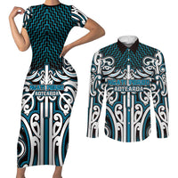 Custom Aotearoa Ngati Porou Couples Matching Short Sleeve Bodycon Dress and Long Sleeve Button Shirt Maori Tribal Pattern Mix Poutama LT05 Blue - Polynesian Pride